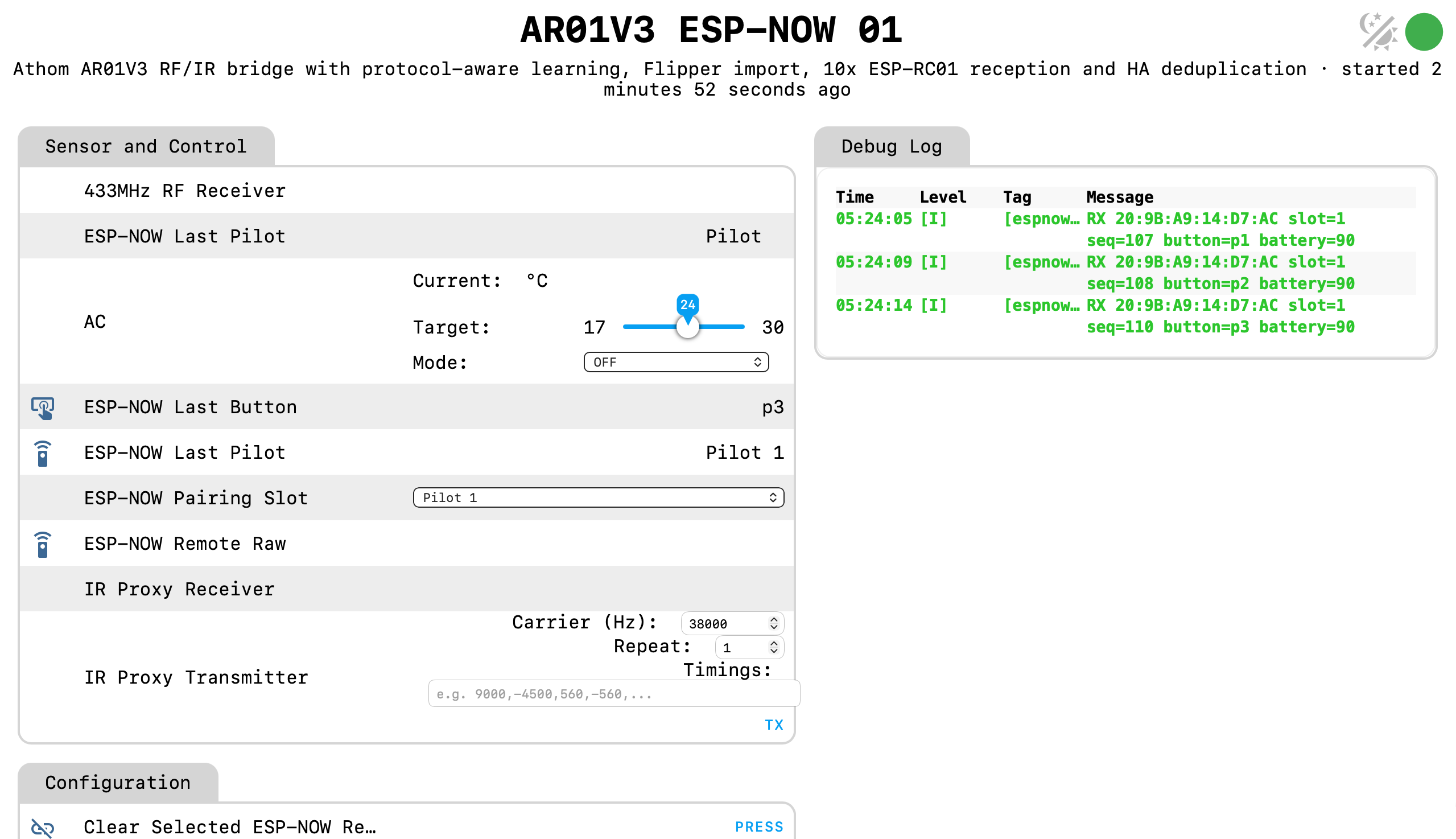 AR01V3 ESPHome main page