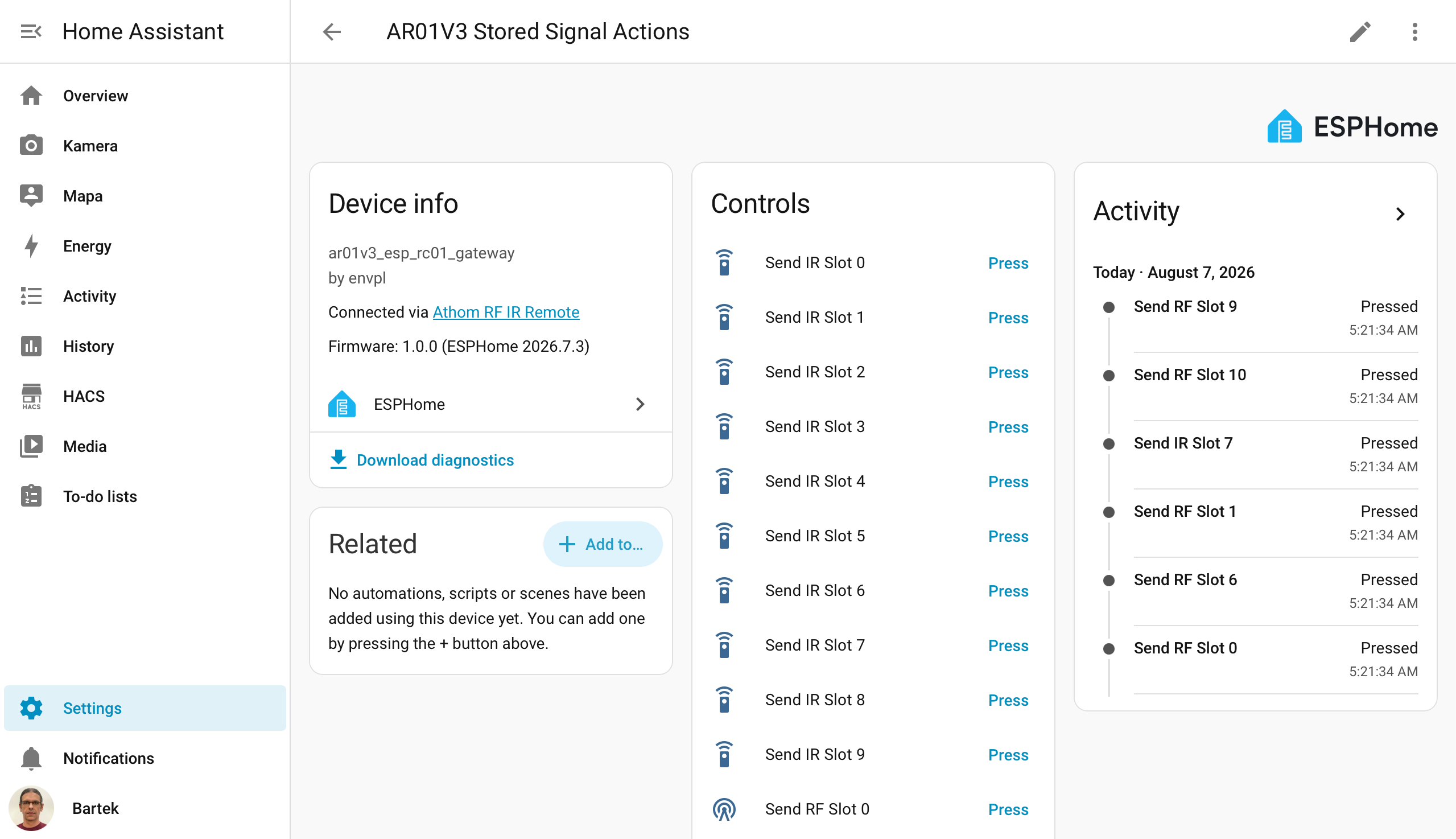 AR01V3 Stored Signal Actions in Home Assistant